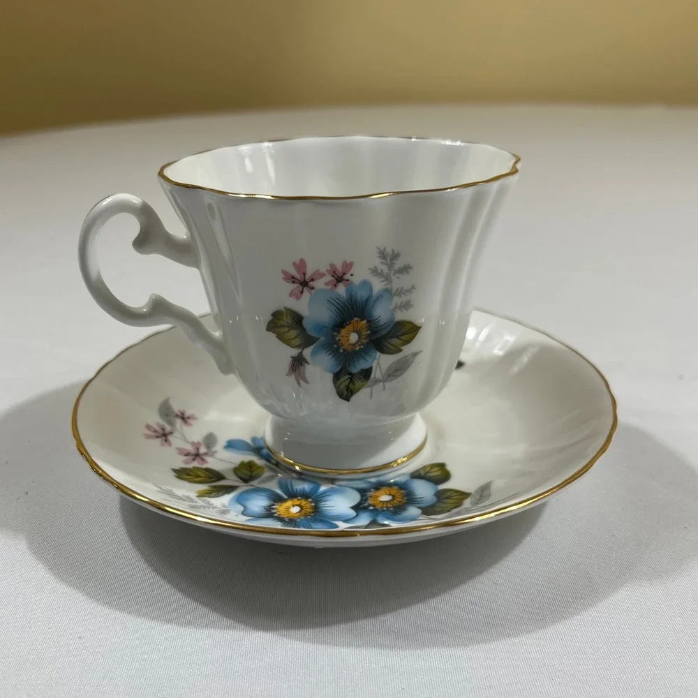 Royal Grafton Tea Cup Saucer Set White Blue Floral Gold Trim England